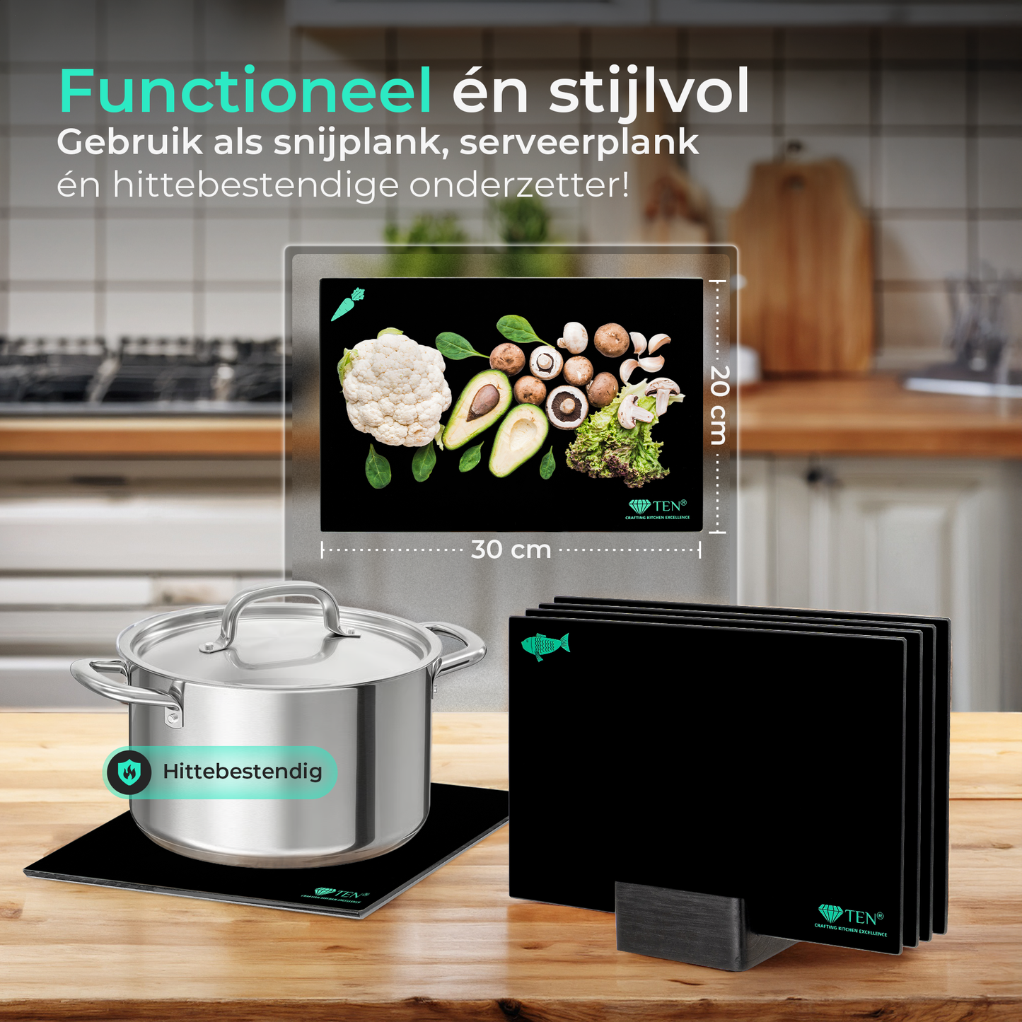 TEN® - Glazen Snijplankenset met Houder - Tenkitchen.store