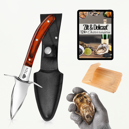 TEN® Oesterset 4-delig - Oestermes met RVS Oesterhandschoen - Bruin - Tenkitchen.store